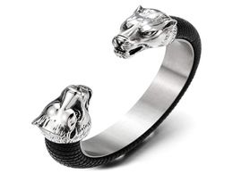 Mens Steel Wolf Head Open Cuff Bangle Bracelet Inlaid with Black Leather Elastic Adjustable 1672521