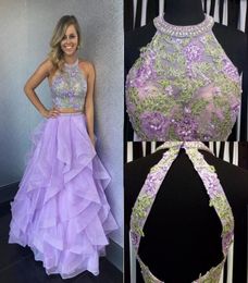 Light Purple Two Piece Prom Dresses Halter Appliques Beaded Organza Floor Length Backless Prom Dresses Sweet 16 Dress4669414