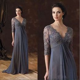 Plus Size Mother Of The Bride Dresses High Waist Appliques Lace Sheer Sleeves A-Line Chiffon Long Prom Evening Wedding Guest Gown 0509