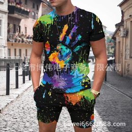 Set of 3D Colourful printing fashionable and Personalised creative mens short sleeved set casual T-shirt+beach pants