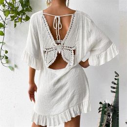 Bathing Suit Cover-up Sexy Backless See-through Bow Crochet Bikini Cover Up European Fashion Solid Sun Protection Clothing