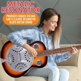 Pyle Resophonic Resonator Acoustic Electric Guitar 6 String Round Neck Sunburst Mahogany Traditional Resonator with Built-in Preamp, Case, Bag, Strap, Steel String