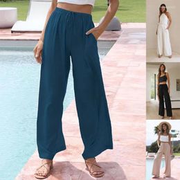 Women's Pants Summer Fashion Solid Colour Casual Pocket Loose Elegant Strap Mid Waist Wide Leg