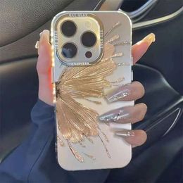 Electroplated silver and gold powder butterfly suitable for iPhone 15promax phone case Huawei Mate60pro+high-end female feel