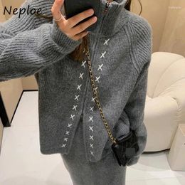 Work Dresses Neploe 2024 Autumn Lapel Neck Zipper Sweaters Coat Women High Waist Knitted Bodycon Skirts Y2k Fashion Two Piece Sets