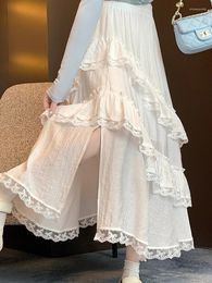 Skirts Korejepo White Lace Skirt Women Spring Design High Waisted Slim Bottoms Irregular Split A-line Large Swing Romantic Cake