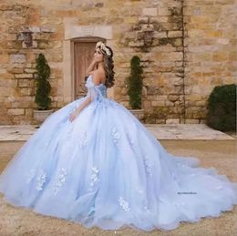 Sky Blue Princess Quinceanera قبالة كتف الدانتيل الدانتيل ثوب الكرة الكريستال الحلو 16 فساتين Vestidos de 15 Anos Custom 0509