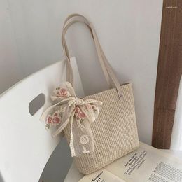 Evening Bags Vintage Women Woven Shoulder Bag Solid Colour Lace Ribbon Tote Handbags Wicker Boho Straw For Summer Beach Handle Beige