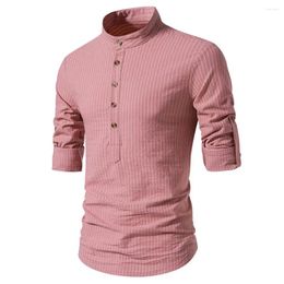 Men's Casual Shirts Striped Button-up Blouse Slim Fit Business Shirt With Stand Collar Long Sleeve Breathable Formal For Fall Men