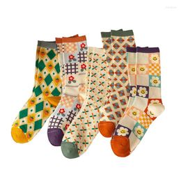 Women Socks 5 Pair Print Cute Long Winter Fashion Flowers Set Kawaii Breathable Korean Style Streetwear Socken