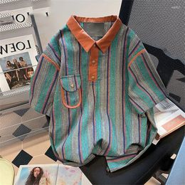 Men's Polos 2024 Summer Hong Kong Style Niche Trendy Brand Casual Loose Oversized Lapel Contrasting Stripes Short Sleeved Polo Shirt Top