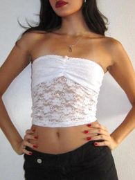 Women's Tanks Y2k Women Mesh Lace Bandeau Summer Strapless Crop Tops Retro Rose Decor Slim Tube See-through Mini Vest Streetwear