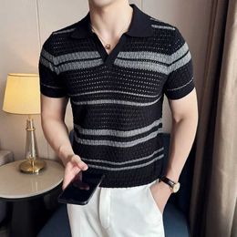 Men's Polos Mens polo shirt summer new thin knit striped jacquard patchwork Colourful short sleeves casual V-neck T-shirt mens clothing Q240508