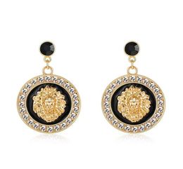 Hip Hop Lion Head Charm Stud Earrings Gold Colour Alloy Crystal Black Enamel Basketball Wives Costume Jewelry4030208