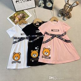 Kids Designer Clothes 2024 Summer Baby Girls Dress Famous Brand Teddy Bear Printed Cute Cartoon Short Sleeve Round Neck Princess A-line Skirt Clothing