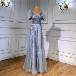 Party Dresses Serene Hill Dubai Arabic Gray A Line Beaded For Luxury Short Sleeves Evening Gowns 2024 Women Wedding LA71551