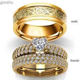 Couple Rings Fashion Jewellery Couple Ring Vintage Dragon Stainless Steel Mens Ring Romantic Heart shaped Zircon Ring Set Bridal Engagement Gift WX