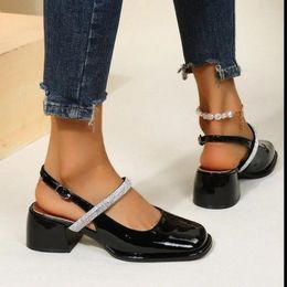 Dress Shoes Women's Sandals Thick Heel Square Toe Classic Female Mary Jane Design Elegant 2024 Shallow Single Patent Leather