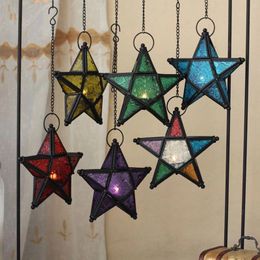 Candle Holders Five-Pointed Star Candlestick Antique Iron Art Stained Glass Candles Windproof Pentagonal Home Decor