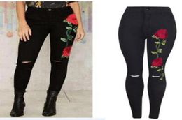 Black Floral Jeans Women Fashion Rose Embroidery Design High Waist Slim Skinny Jean Knee Holes Design Trousers7585861