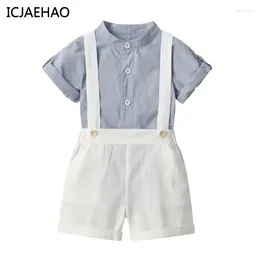 Clothing Sets ICJAEHAO 2024 Cross-border Children Wear Summer Boys' Suit Short-sleeved Blue Shirt Strap Shorts Gentleman's Two-piece