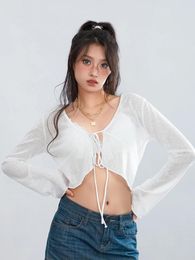 Women's Polos Women S Cute Knitted Crop Top V Neck Long Sleeved Flared Cuff Tie Up Front Sexy Loose Fit E Girl Cardigan T-Shirts