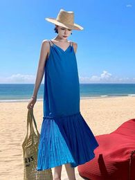 Casual Dresses Blue Sexy Sleeveless V Neck Backless Pleated Slip Midi Dress 2024 Fashion Summer Woman Causal Loose Beach Holiday Long
