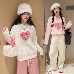 Sets Cute girl sweater love heart designer spring and autumn childrens winter coat thick zipper pink knitted shirt Q240508