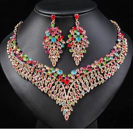 European and American retro trend Colourful leaf collarbone chain earrings necklace set for women's elegant temperament new Jewellery