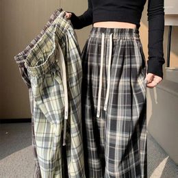 Women's Pants Checkered For Spring/summer Retro Lace Up Casual High Waisted Straight Leg Thin Wide