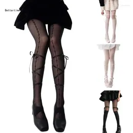 Women Socks B36D Japanese JK Pantyhose Ribbon Ties Bowknot Sheer Silk Tights Stockings