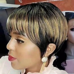 Short Highlight Pixie Human Hair Wig Brazilian none Lace Front Wigs For Women Ombre Blonde Slick Back Machine Made Wig