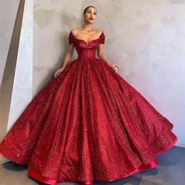 2024 Sparkly Dark Red Sequined Quinceanera Dresses Off Shoulder Short Sleeves Ball Gown Prom Gowns Long Floor Length Graduation Party Dress Vestido De VX Anos