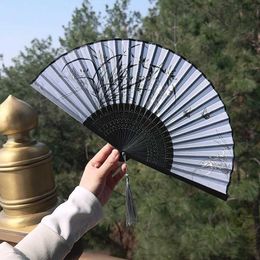 Chinese Style Products 1pc Bamboo Ancient Folding Fan Printed Silk Hand Held Fan Elegant Chinese Style Fairy Crane Ink Color Vintage Crafts Fan Hanfu