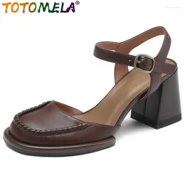 Dress Shoes TOTOMELA Buckle Genuine Leather Sandals Woman Thick High Heels Slingbacks Retro Ladies Summer Brown