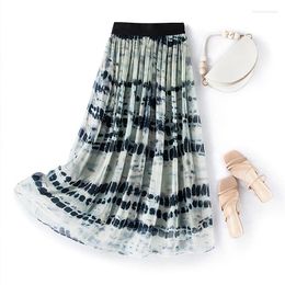 Skirts Women's High-Waist Long Skirt Mulberry Silk Printing Umbrella A-line Elastic Elegant Fashion Summer