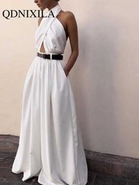 Others Apparel 2024 Summer Halter Wide Leg Sexy Bodycon Jumpsuit Women Overalls Backless White Skinny Rompers Womens Jumpsuit Female Long Pants Y240509