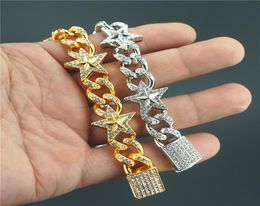 WholeMen039s Bracelet Hip Hop Fivepointed Star Miami Cuban Link Golden Silver Wide Full Rhinestone Bracelet4544975