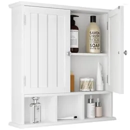 Storage Boxes Bathroom Wall Mounted Cabinet 2-Door Wood Organiser Adjustable Shelf Space Saver White Silver Handles Easy