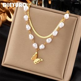 Pendant Necklaces DIEYURO 316L Stainless Steel Pearl Butterfly Necklace For Women Fashion 2-layer Girls Clavicle Chain Party Jewelry Gift