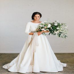 New Boho A-line Soft Satin Modest Wedding Dresses With 3 4 Sleeves Beaded Blet Low Back Country Bridal Gowns 2020 Custom Made Couture 2726