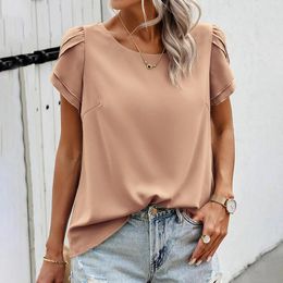 Women's T Shirts Womens Elegant Casual Solid Shirt Summer Thin Loose O Neck Ruffle Short Sleeves Tops Fashion Ladies Work Office Blouses
