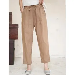 Women's Pants 2024 Summer Solid Color Linen Pocket Patch Small Leg Women Elastic High Waist Slimming Ankle Length Pant LX927