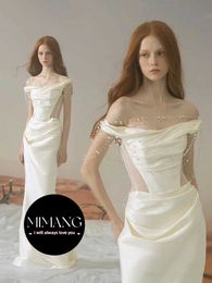 Designer Light Wedding Dress 2024 New High end Luxury White Simple Outdoor Dress Satin bateau mermaid Dress