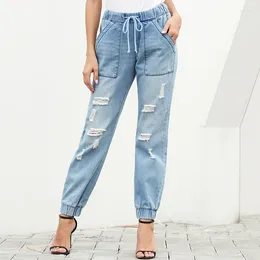 Women's Jeans Ripped Casual Women Blue Elastic Waist Tie Feet Denim Trousers 2024 Summer Lady Pencil Pants For Female