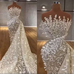 2024 Denizkızı Gelinlik Gelin Gown Dantel Aplike Boncuklu İnciler Süpürme Tren Organza Tasarımcısı İllüzyon Özel Yapımı Artı Boyut Vestido De Novia 0509