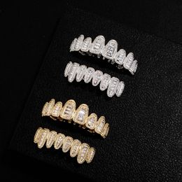 Gold Plated Iced Out CZ Mouth Teeth diamond Grillz Tooth Caps Grill Set Men Women Vampire Grills Rock Punk Micropaved Zircon Canines for Men Hiphop Jewellery