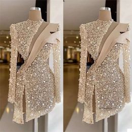 Champagne Evening Dresses Sequins Beads High Neck Long Sleeves Prom Dress Formal Party Gowns Custom Made Knee Length Robe de mariee 0509