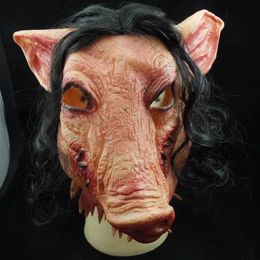 Party Masks Halloween horror mask new pig head and hair Caveira role-playing costume real latex holiday supplies wolf Q240508
