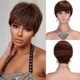 Dark Brown Pixie Cut Wigs for Women Human Hair Wigs Short Remy Hair Dark Brown Color Short Black Layered Wavy Wigs